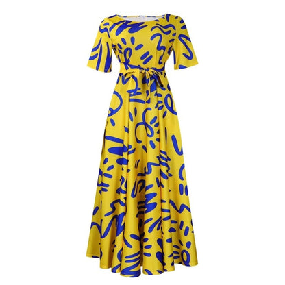 Printed Short Sleeve Flared Dress