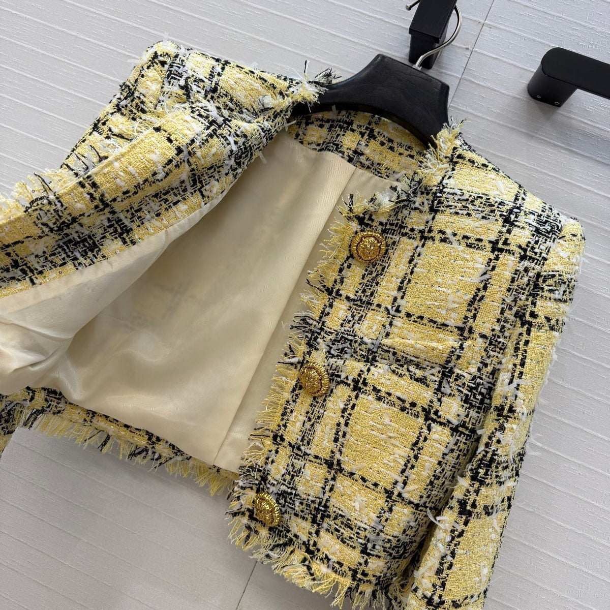 Balmain 26s Plaid Tweed Jacket Yellow Black Tweed 346061