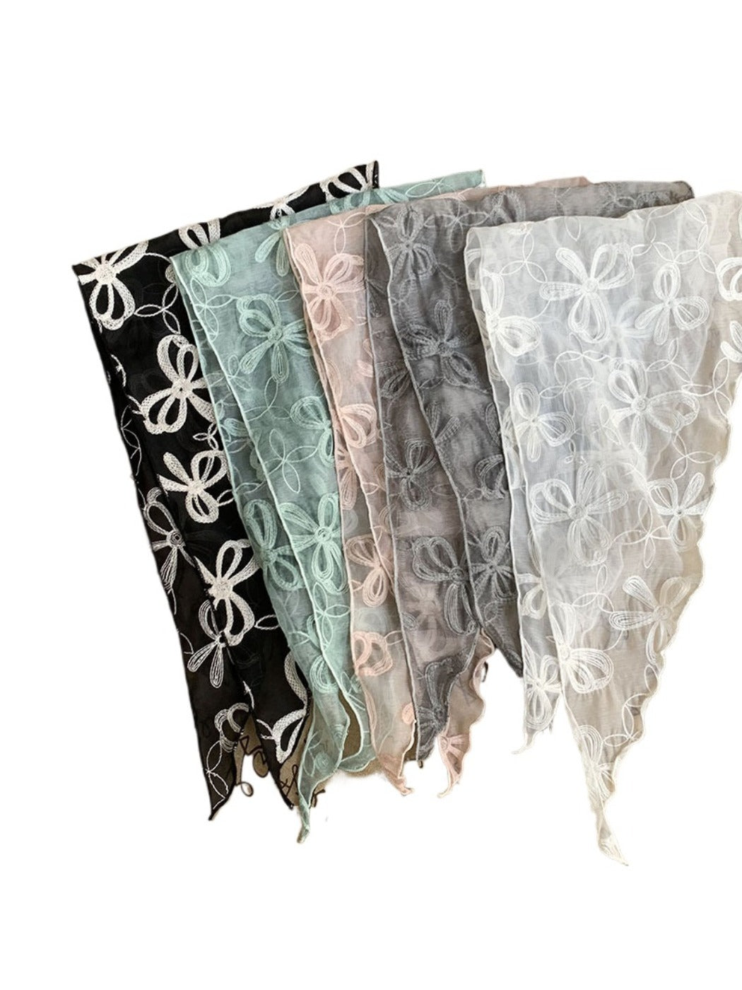 Scarvii - Bow Embroidered Sheer Triangle Scarf - Sweet &amp; Airy