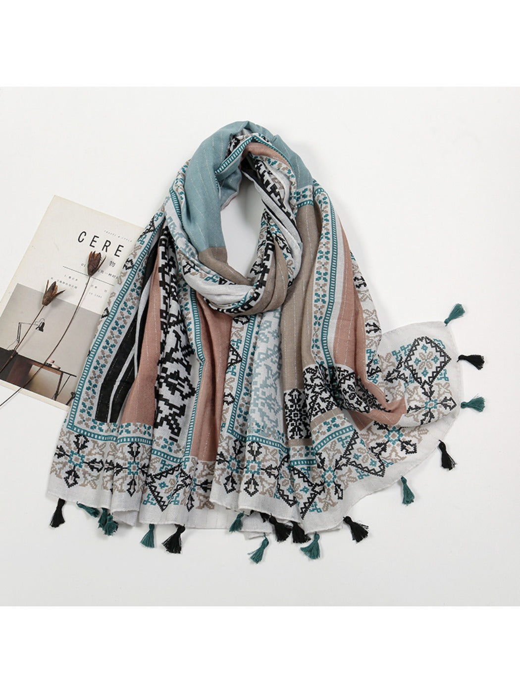 Sscarvii - Bohemian Tassel Print Scarf