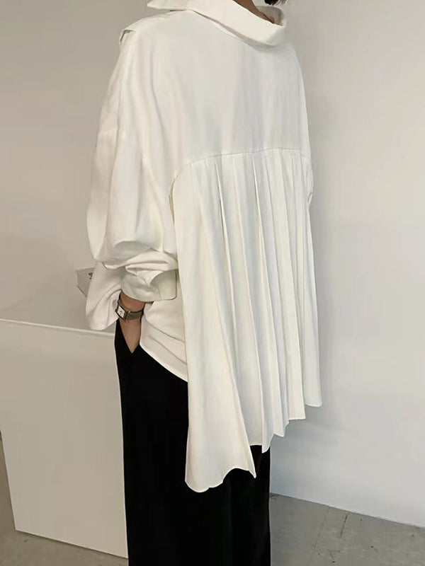Loose Wrap Buttoned Pleated Solid Color Lapel Blouses&Shirts Tops