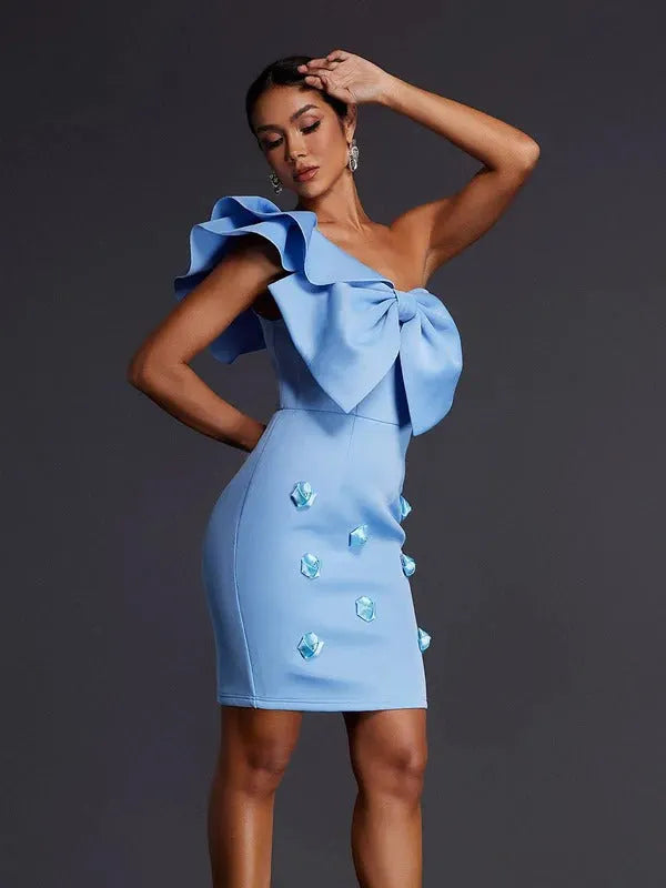 Adhra One Shoulder Bow Flower Mini Dress