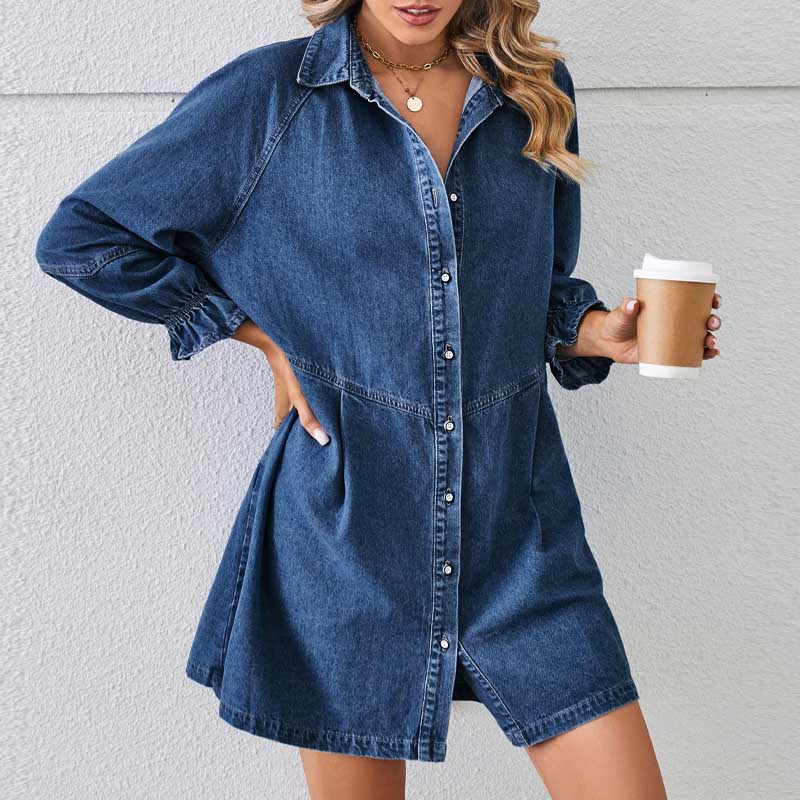 Denim Splice Washed Long Sleeve Midi Dress