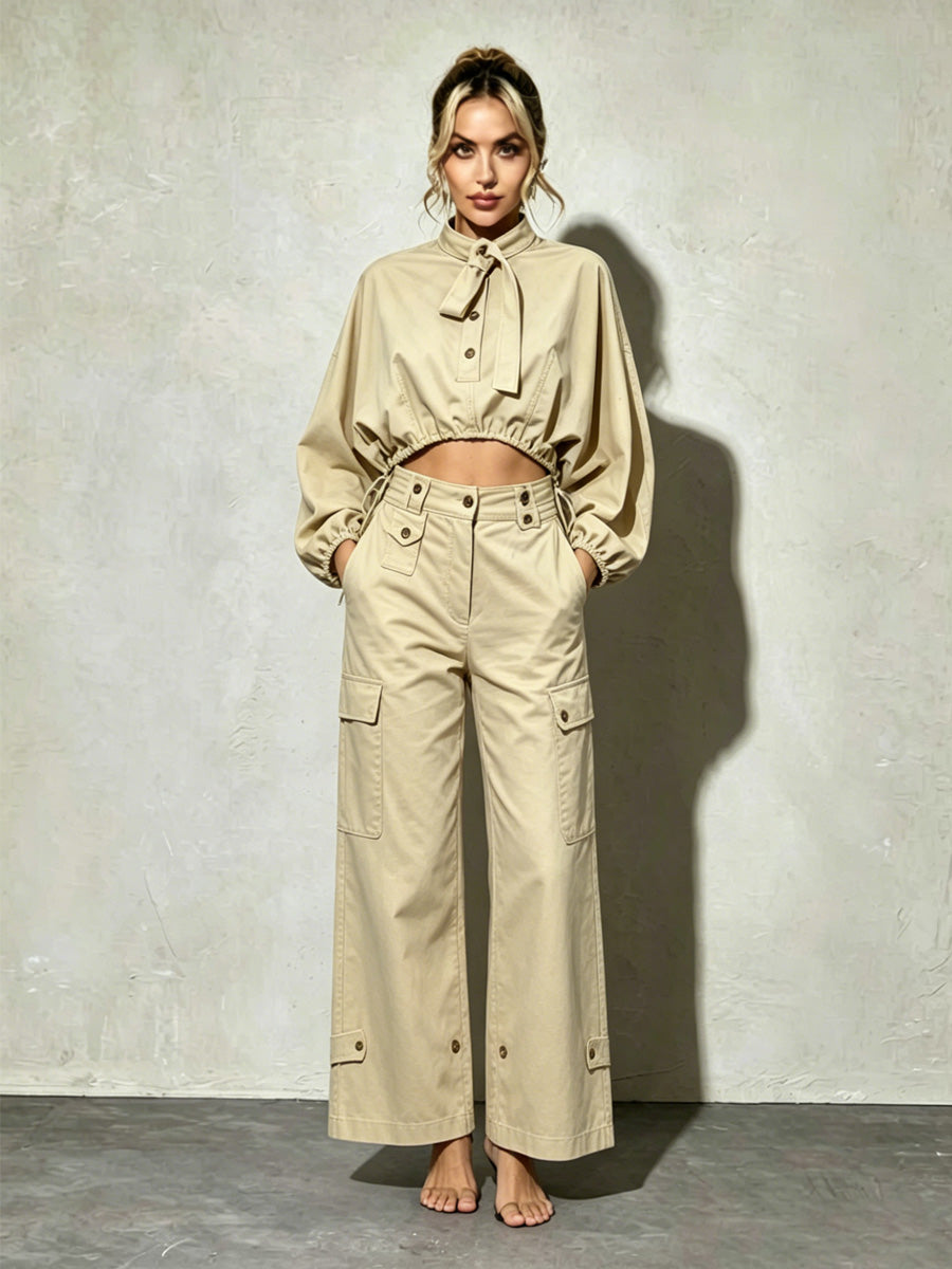 Mara Loose-Fit Cargo Top with Lantern Sleeves and Drawstring