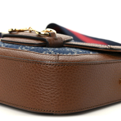 New Denim GG Monogram Dollar Calfskin Web Mini Horsebit 1955 Shoulder Bag Blue Tea Cuir Epilog