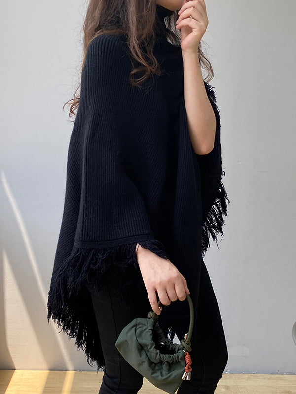 Casual Loose Tasseled Solid Color High-Neck Sweater Tops