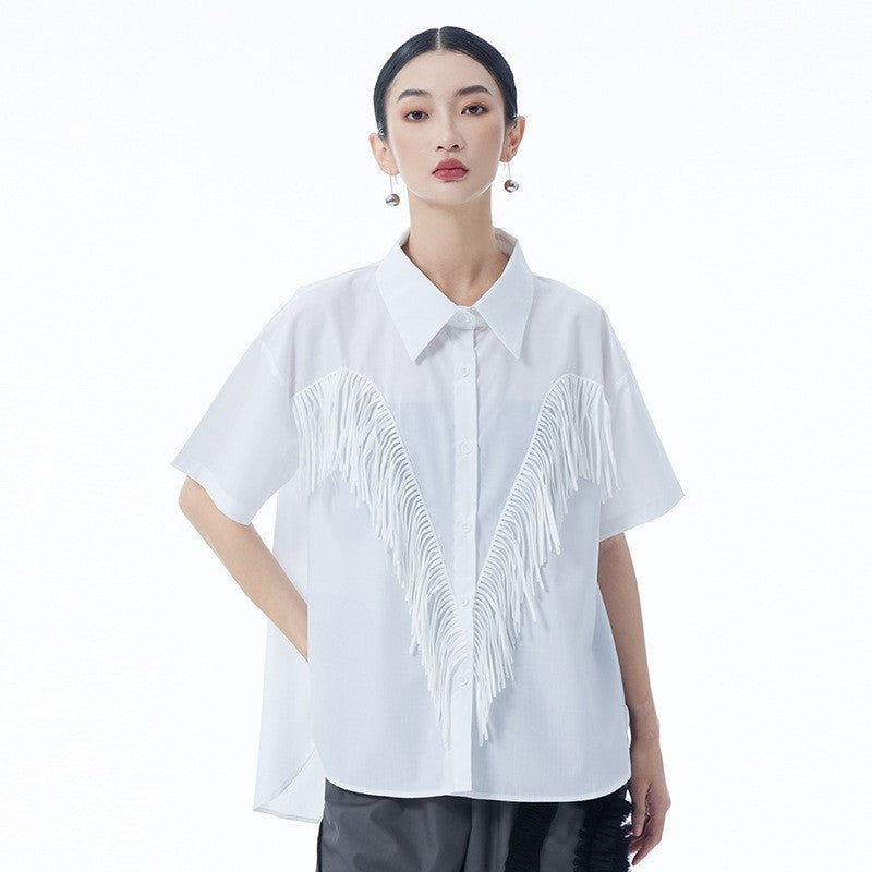 Fringe Spliced Short Sleeve Shirt Loose Retro Design