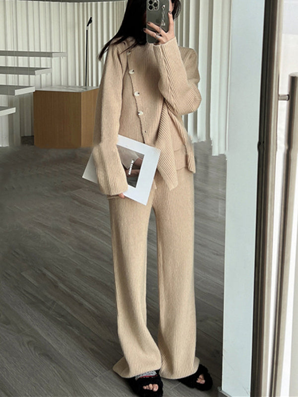 Casual Loose Solid Color Half Turtleneck Sweater Tops & Wide Leg Pants Suits