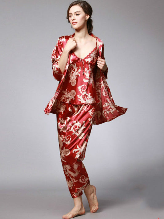 Silk Pair Pajamas Women Summer Three-Piece Suit Long-Sleeved
