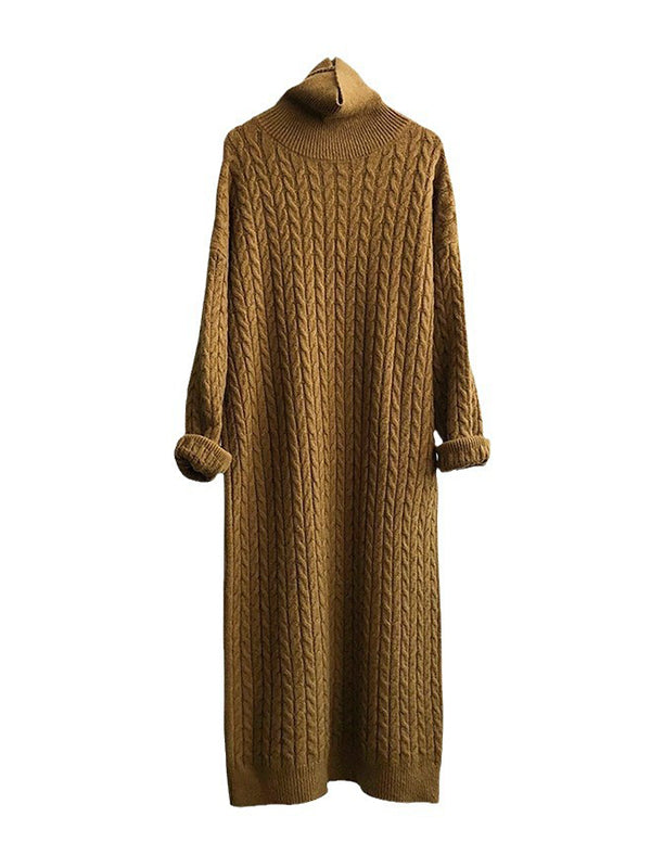 Solid Color H-Line Long Sleeves High Neck Knitted Midi Dresses