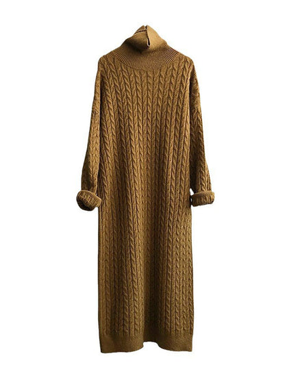 Solid Color H-Line Long Sleeves High Neck Knitted Midi Dresses