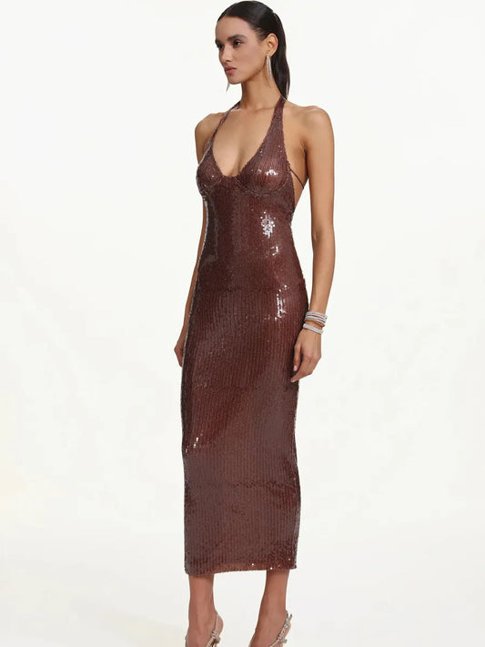 Darcy Glamorous Contour Halter Sleeveless Sequin Maxi Dress