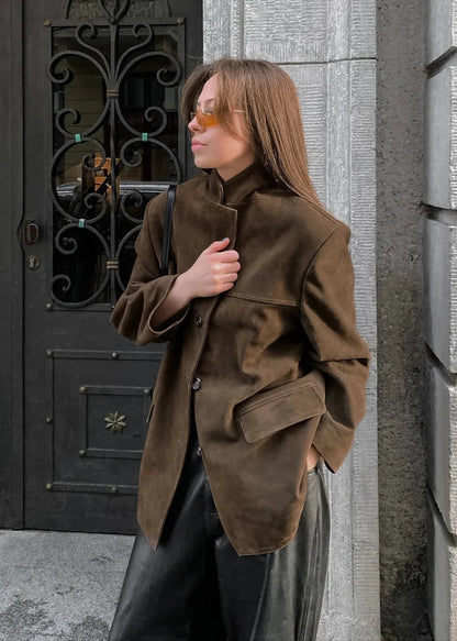 Turn Down Collar Coat Premium Brown Fabric