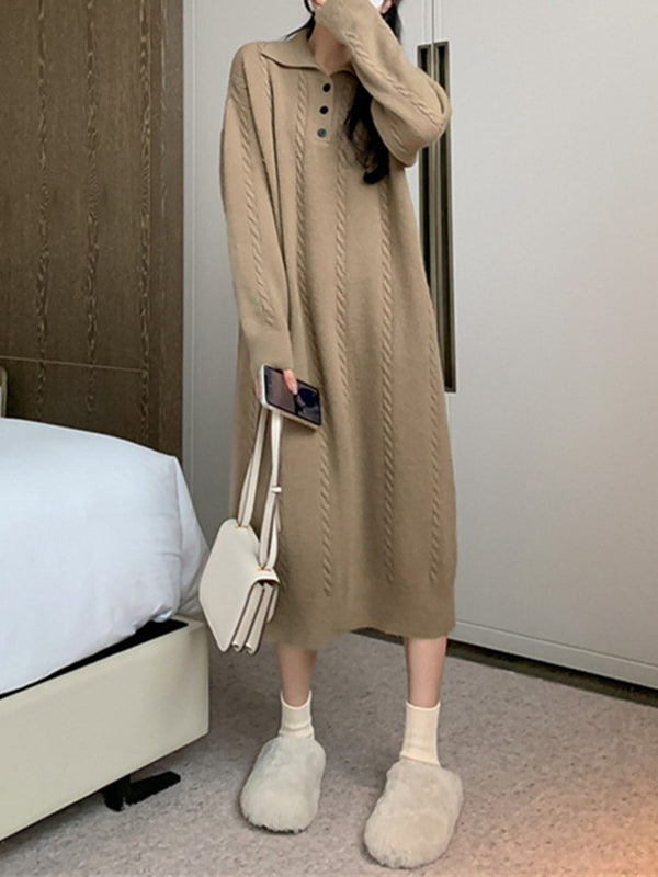 Long Sleeves Loose Buttoned Lapel Midi Dresses Sweater Dresses
