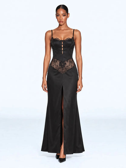 Amelia Spaghetti Strap Lace-Trimmed Slit Maxi Dress