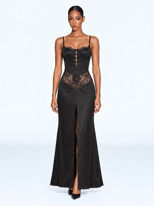 Amelia Spaghetti Strap Lace-Trimmed Slit Maxi Dress