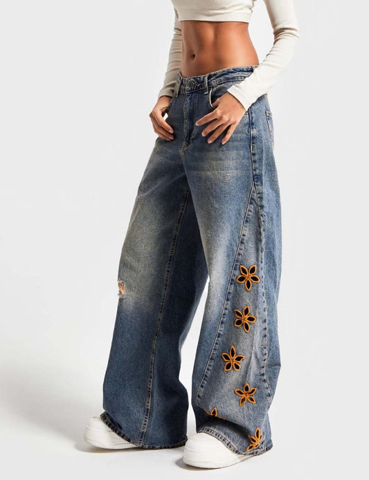 High Waist Flower Embroidered Wide Leg Jeans