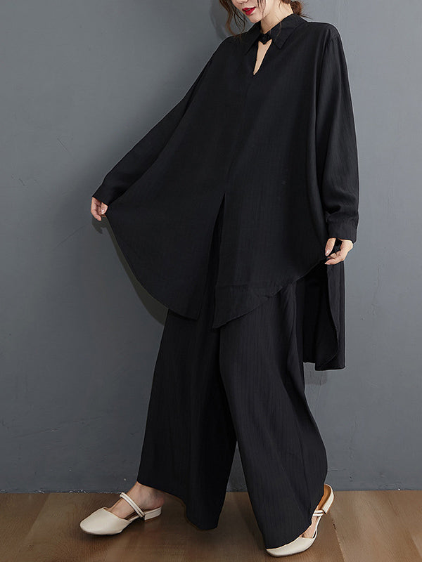 Simple Solid Color Lapel T-Shirt Tops+Loose Pants Two Pieces Set