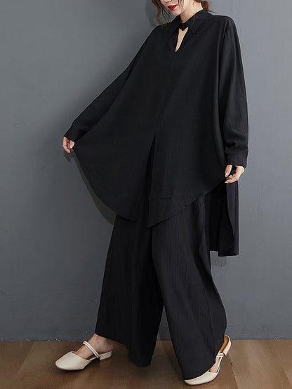 Simple Solid Color Lapel T-Shirt Tops+Loose Pants Two Pieces Set