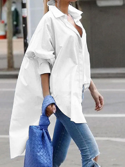 Urban Long Sleeves High-Low Solid Color Lapel Blouse Top