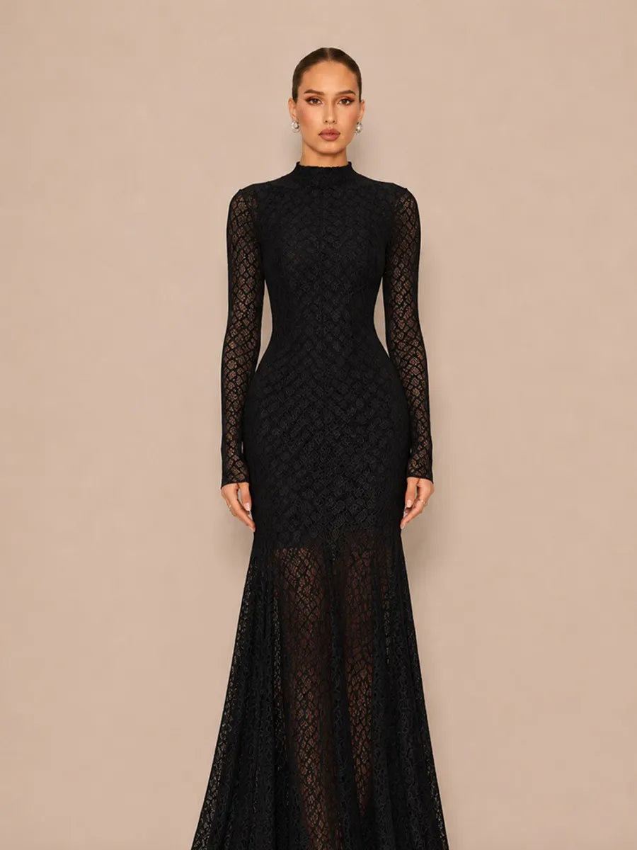 Helena Fitted Long-Sleeve Lace Maxi Dress