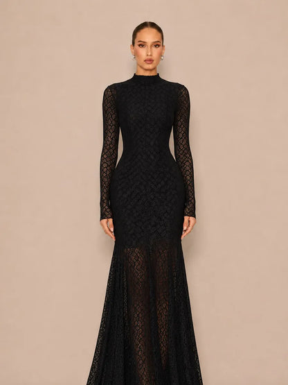 Helena Fitted Long-Sleeve Lace Maxi Dress