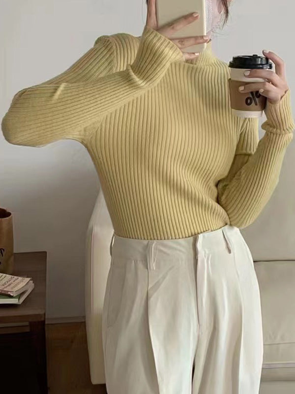 Long Sleeves Skinny Solid Color Mock Neck Knitwear Pullovers Sweater Tops