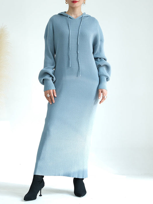 Solid Color Loose Long Sleeves Hooded Sweater Maxi Dresses
