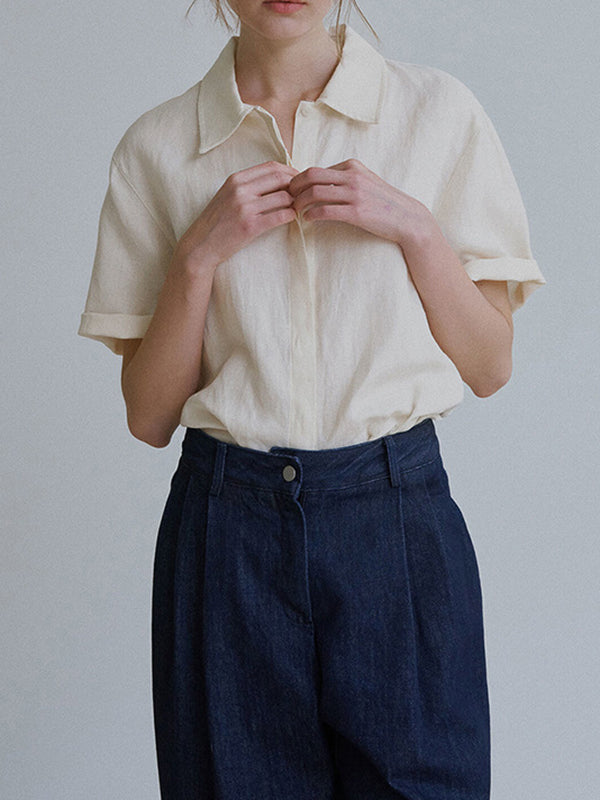 Loose Short Sleeves Buttoned Pleated Solid Color Split-Side Lapel Blouses&Shirts Tops