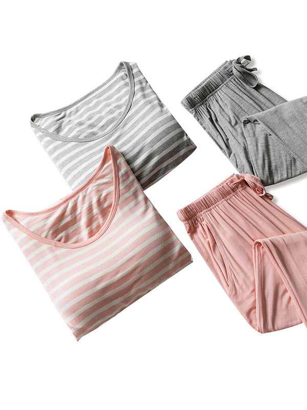 Striped Short Sleeve&Cropped Pants Pajamas Sets