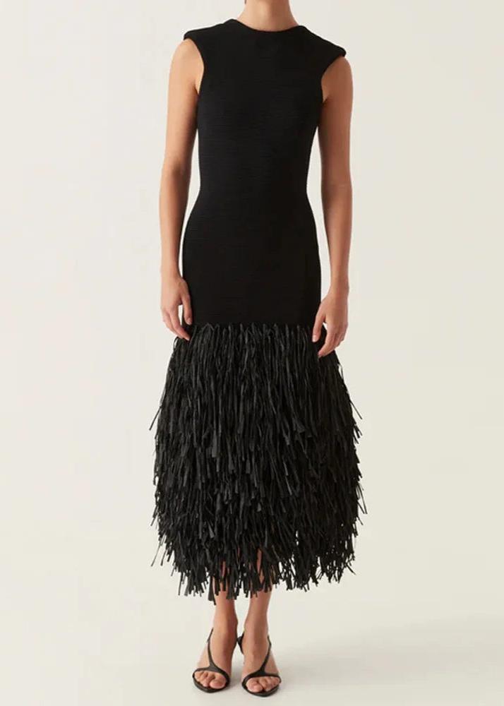 Fringe Knit Midi Dress Black Sleeveless