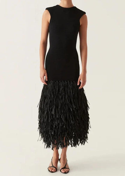 Fringe Knit Midi Dress Black Sleeveless