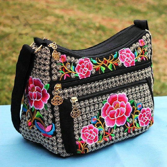 New Ethnic Style Women'S Embroidery Bag Large Capacity Multi Layer Embroidery One Shoulder Crossbody Cosmetic Bag