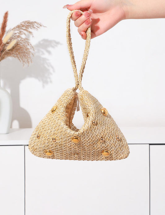 Trendy Rivet Bead Straw Evening Clutch Handbag