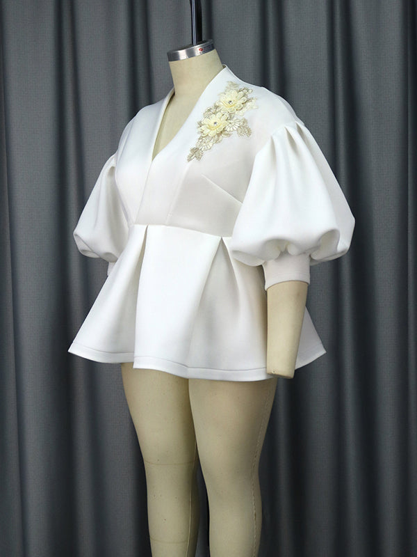 Half Sleeves Loose Asymmetric Embroidered Pleated Split-Joint Deep V-Neck Blouses&Shirts Tops
