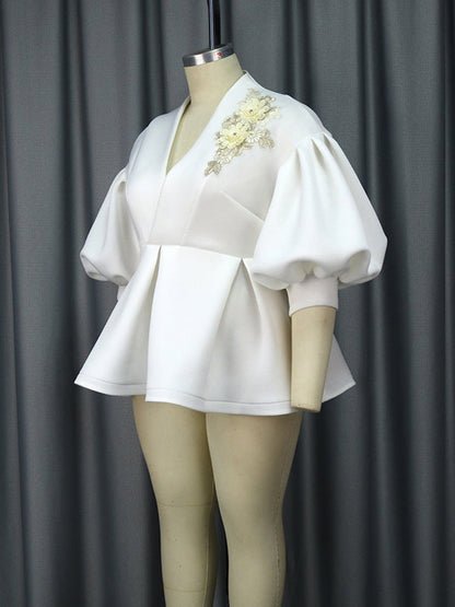 Half Sleeves Loose Asymmetric Embroidered Pleated Split-Joint Deep V-Neck Blouses&Shirts Tops
