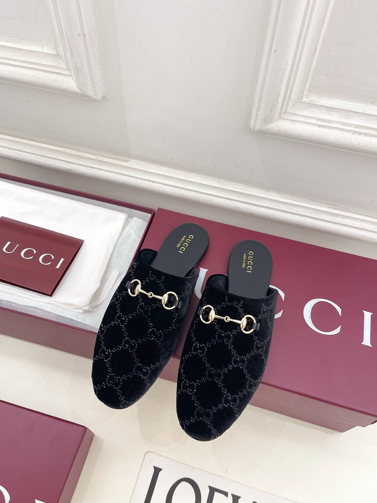 GG 26 Horsebit Flat Mules Rhinestones Black Velvet 587080