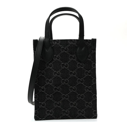 Denim GG Monogram Calfskin Mini Ophidia Tote Bag Black