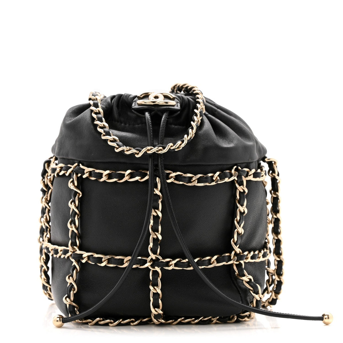 Lambskin Bucket Chain Drawstring Bag Black