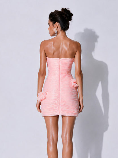 Evangeline Strapless Ruched Ruffle Mini Dress