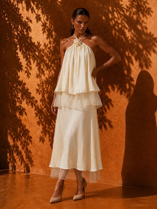 Elina Elegant Floral Lace-Trim Midi Dress