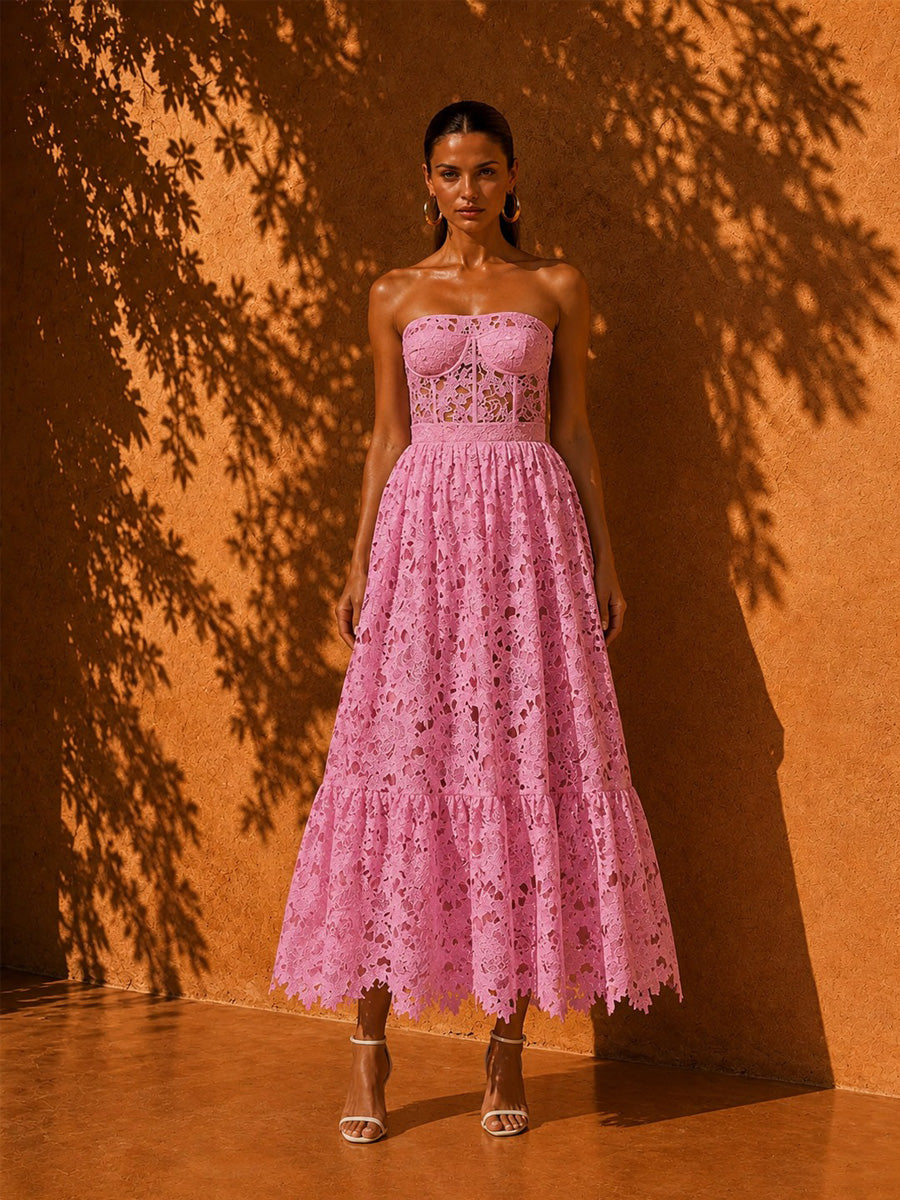 Audrey Embroidered Cutout Strapless Maxi Dress