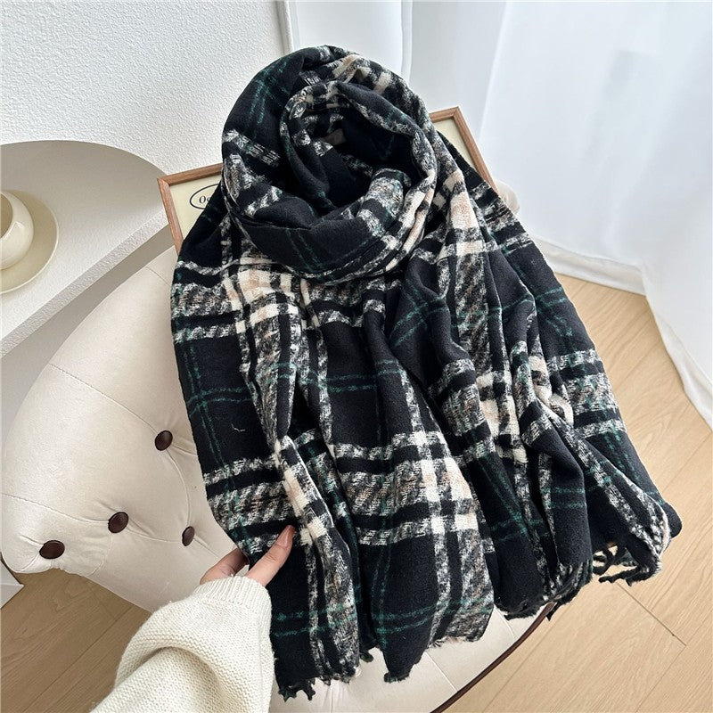Color Block Plaid Fringe Scarf