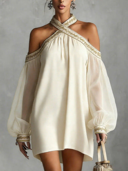 Embroidered Trim Sheer Long Sleeve Loose Tunic Dress