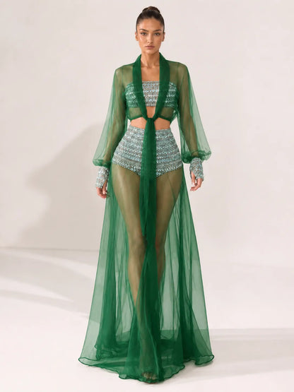 Celestia Rhinestone Sheer Mesh Three-Piece Set