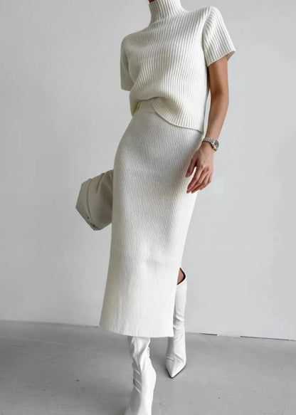 Two Piece Knit Set With Mock Neck And Skirt
