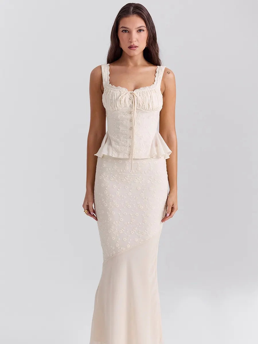 Ophelia Vintage Cream Cotton Maxi Skirt Set