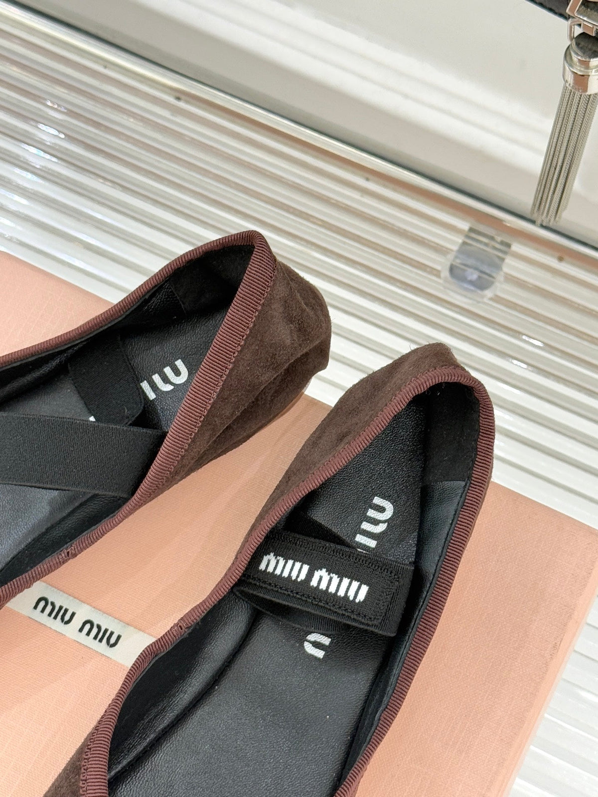 Miu Classic Bow Letter Ballet Flat Dark Brown Suede