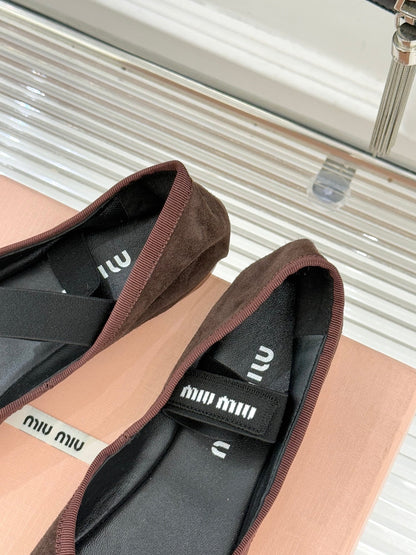 Miu Classic Bow Letter Ballet Flat Dark Brown Suede