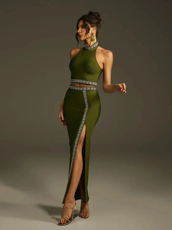 Landri Halterneck Crystal Bandage Skirt Set